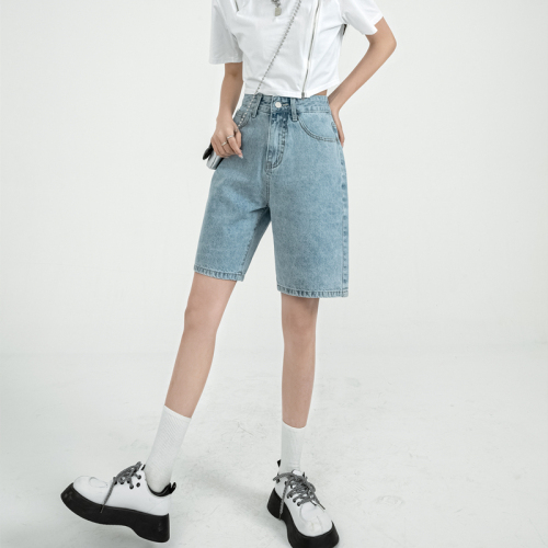 Summer new trendy ins straight denim shorts for women spring loose design thin high-waisted five-point pants