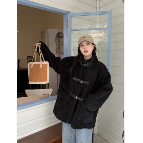 Actual shot of women's lamb velvet coat Korean style loose thickened mid-length fur one-piece grain coat