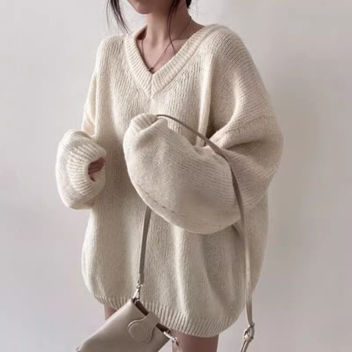 Korean chic autumn and winter gentle temperament V-neck pink soft waxy sweater loose casual long-sleeved pullover sweater for women