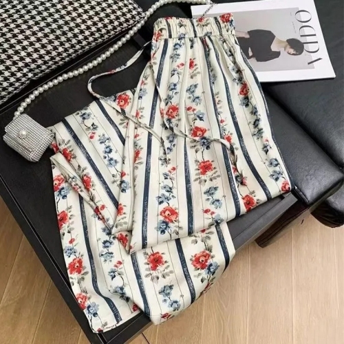 Retro Chinese-style ice silk printed drapey wide-leg pants for women summer high-waisted lazy vacation style straight-leg floor-length casual pants