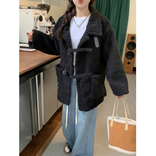 Actual shot of women's lamb velvet coat Korean style loose thickened mid-length fur one-piece grain coat