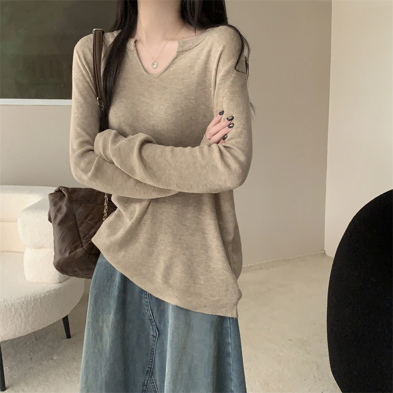 實拍 秋季新款領針織衫長袖t恤女寬鬆顯瘦打底衫上衣