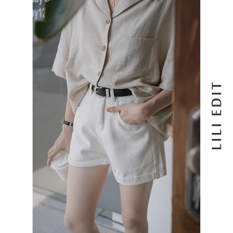 Denim shorts for women in summer, high-waisted, thin, curled, loose, a-line pants, versatile and comes with a belt