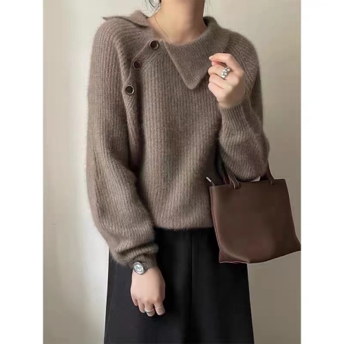 Thickened long-sleeved red sweater, autumn and winter retro temperament, versatile, loose, slim, outer wear, sloped collar, chic sweater for women