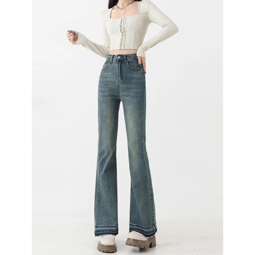 Retro Blue Micro-Relaxed Women's Summer High-Waisted Elastic Plus-Size Slimming Pear-Shaped Hoop Flare Pants