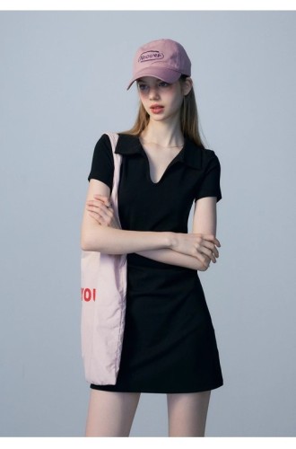 Black Lapel Solid Color Dress Summer New Commuting Simple Fashion Slim Waist Temperament Short Sleeve Women's Skirt