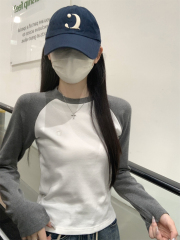 Actual shot of the new early autumn Korean style raglan contrasting color round neck all-match pure cotton long-sleeved T-shirt top for women
