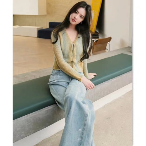 Star's same style green gradient tie-dye sweater top lace-up knitted cardigan slim fit bottoming shirt spring for women