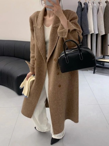 Herringbone pattern autumn and winter temperament double-sided cashmere coat Korean double-breasted mid-length woolen coat