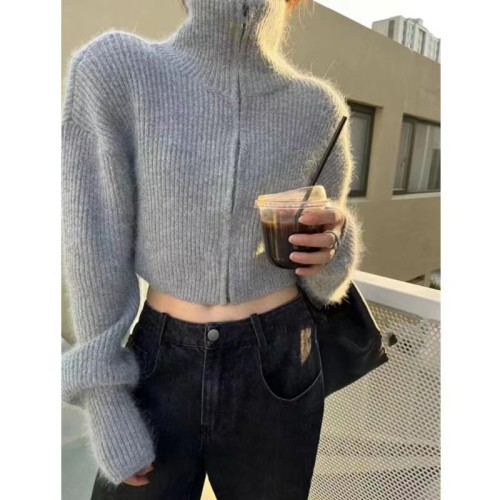 Short zipper turtleneck sweater jacket for women spring and autumn solid color commuting loose long-sleeved lazy high-end knitted top