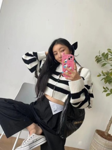 Purchasing agent in Dongdaemun, South Korea, spring and autumn new styles, color-blocked striped zipper knitted Korean style casual