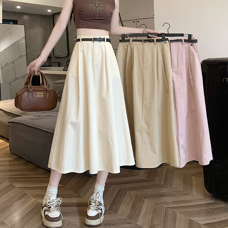 Spring new Korean style A-line elasticated hip-covering high-waist slimming mid-length belted skirt for women