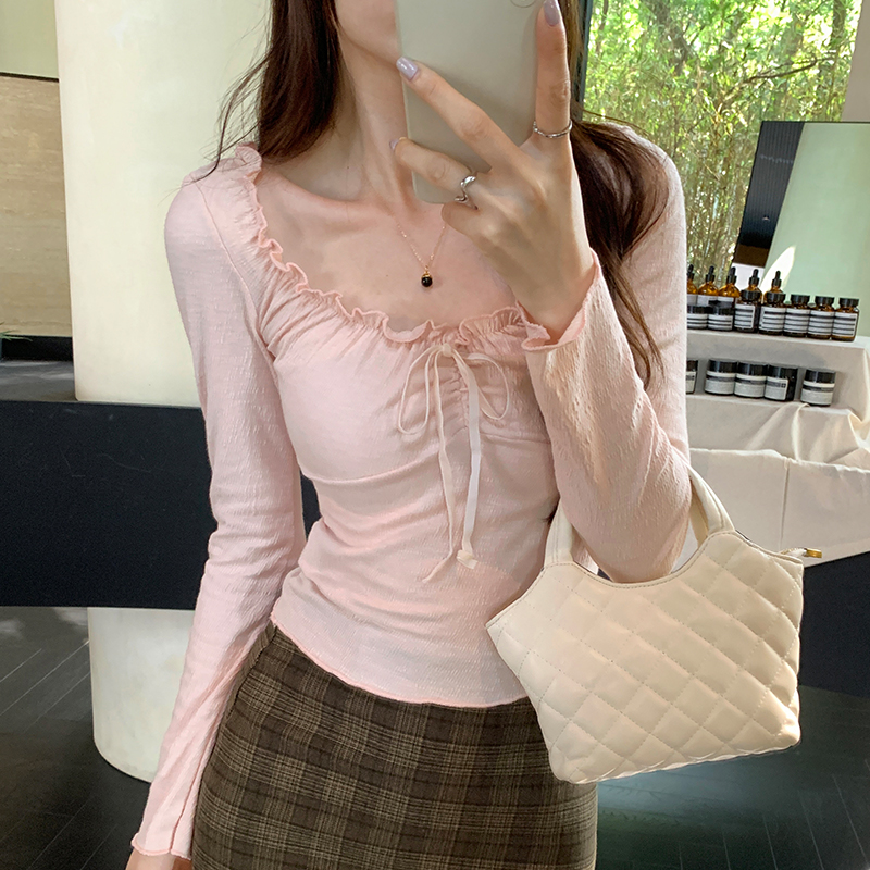 Actual pictures of Sweet Spicy Ear-cut pleated lace-up square collar long-sleeved T-shirt for women in early autumn, chic Korean style short top