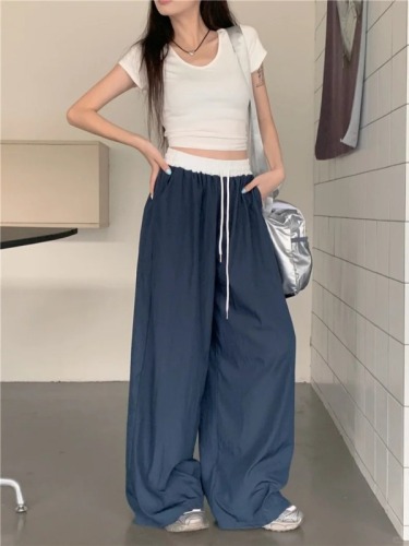 Internet celebrity 2024 spring and summer new style retro American splicing contrasting wide-legged loose casual thin trousers trend