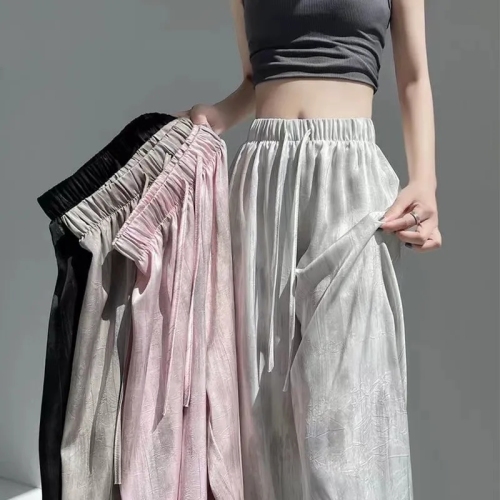 Summer thin ice silk satin ink painting tie-dye wide-leg pants for women loose casual drape high-waisted slim pants ins