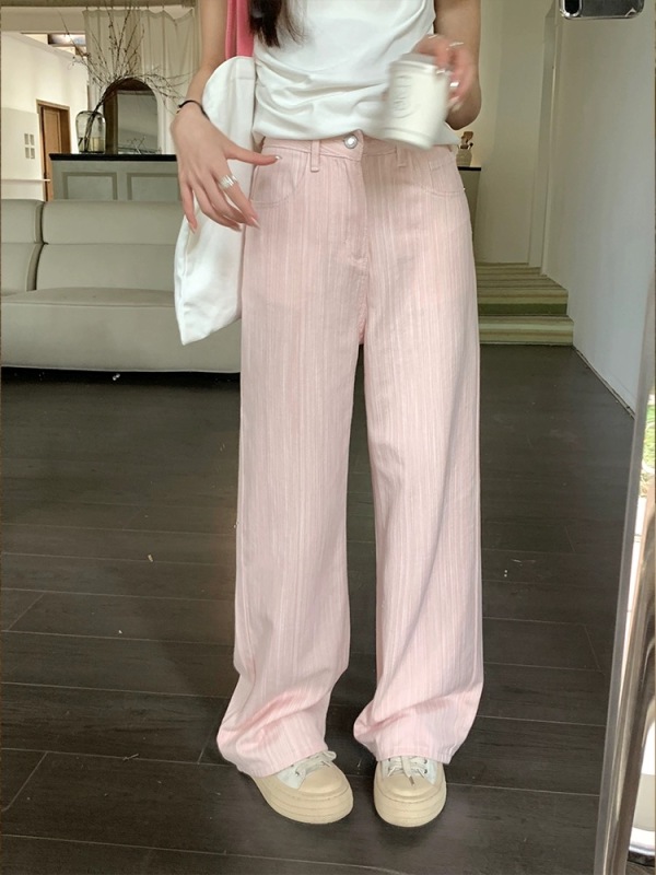 Sweet and cool girly pink textured jeans for women, high-waisted, hip-covering, slimming, wide-legged, floor-length trousers for small people