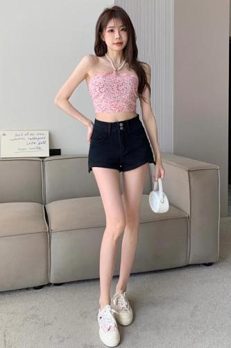 Hot girl A-line straight denim shorts women's spring small high-waisted irregular hip-covering pants for outer wear