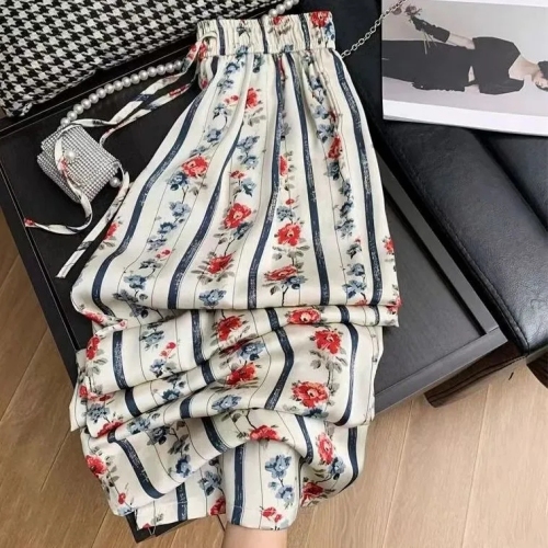 Retro Chinese-style ice silk printed drapey wide-leg pants for women summer high-waisted lazy vacation style straight-leg floor-length casual pants