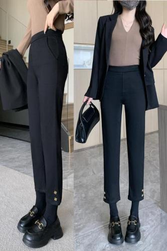 Real shot of autumn large size black cigarette pipe women's trousers for fat girls high waist slimming elastic straight elastic waist trousers