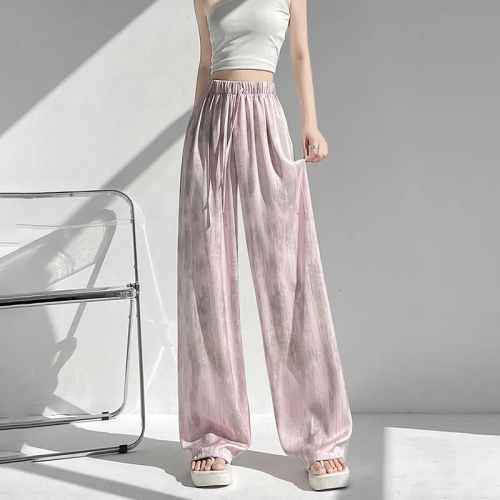 Summer thin ice silk satin ink painting tie-dye wide-leg pants for women loose casual drape high-waisted slim pants ins