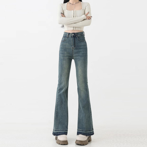 Retro Blue Micro-Relaxed Women's Summer High-Waisted Elastic Plus-Size Slimming Pear-Shaped Hoop Flare Pants