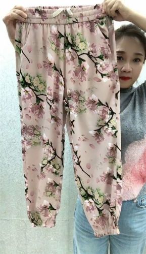 Summer new style ice silk cool pants, high-waist slim casual pants, thin leg-tie flower pants, women's loose, western-style harem pants