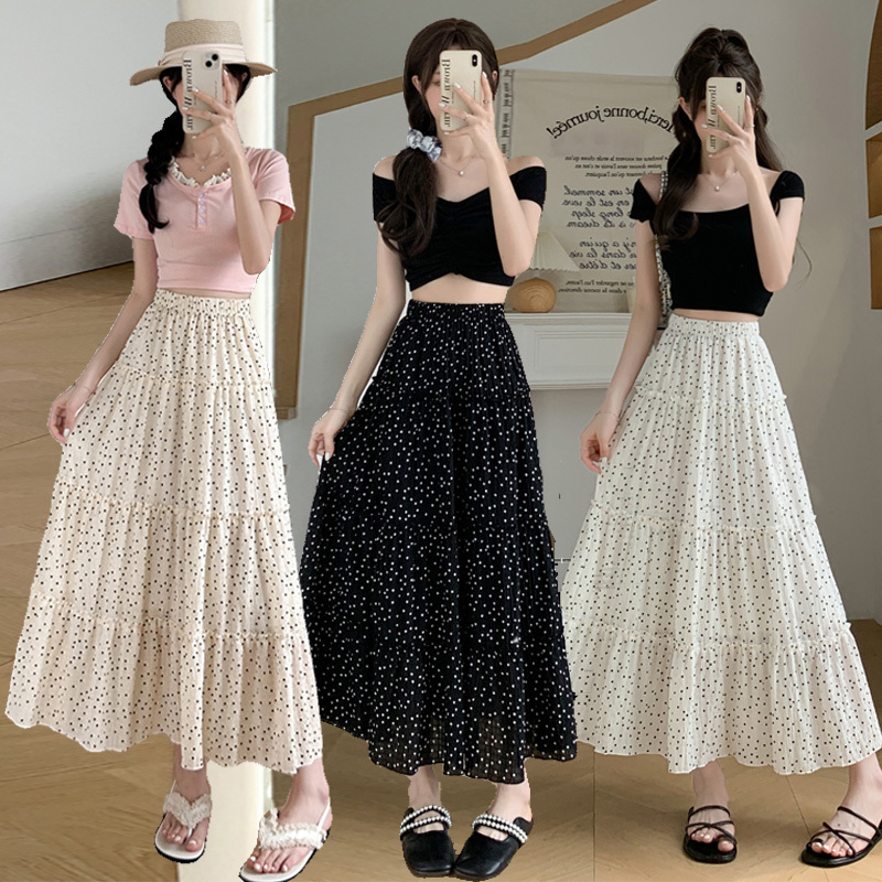 Polka dot skirt 2024 summer ice silk elastic waist A-line mid-length polka dot large hem umbrella skirt chiffon long skirt