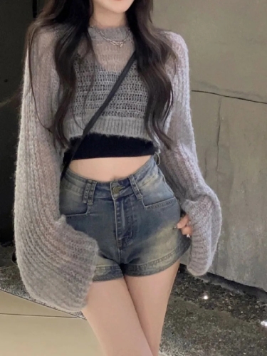 Distressed denim shorts for women summer new American style high-waisted elastic hottie slimming slim wide-leg pants ins trend