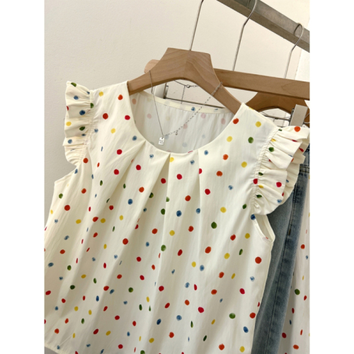 Sweet pleated colorful polka dot small flying sleeve shirt for women summer style fresh and age-reducing loose slimming vest top