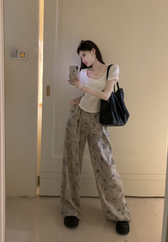 Ink floral wide-leg floor-length pants for women summer Korean style high-waist slim design casual long pants