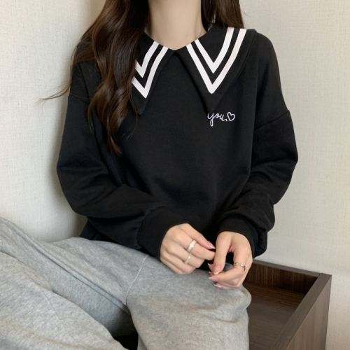 Real shot of new autumn and winter Korean style navy collar sweatshirt for women college style embroidered letter top for women