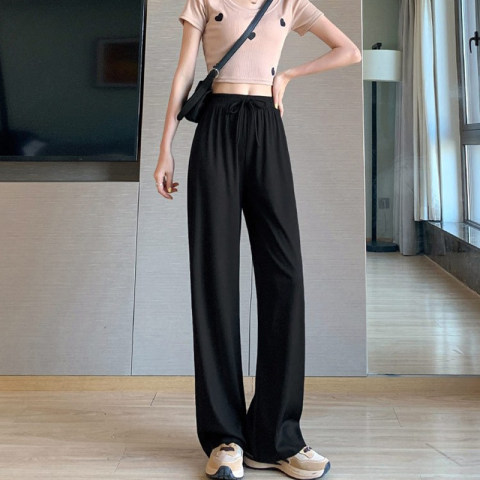 Ice silk wide leg trousers with drapey trousers for women, summer thin, small, high waist, slim, straight, large size trousers, trendy