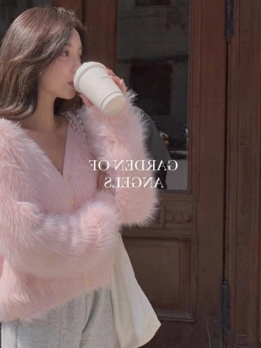 Korean milk fufu, a fairy pink sweater coat, furry sweater, imitation mink velvet gold buckle, gentle and fragrant