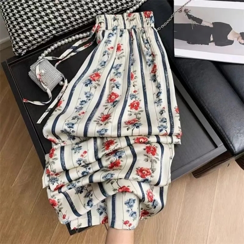 Retro Chinese-style ice silk printed drapey wide-leg pants for women summer high-waisted lazy vacation style straight-leg floor-length casual pants