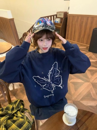 American retro butterfly print blue sweatshirt for women 2024 autumn high-end street-style hooded loose lazy style top