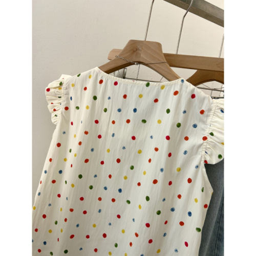 Sweet pleated colorful polka dot small flying sleeve shirt for women summer style fresh and age-reducing loose slimming vest top