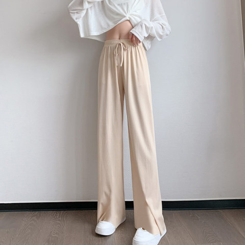 Ice silk wide leg trousers with drapey trousers for women, summer thin, small, high waist, slim, straight, large size trousers, trendy