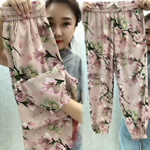 Summer new style ice silk cool pants, high-waist slim casual pants, thin leg-tie flower pants, women's loose, western-style harem pants