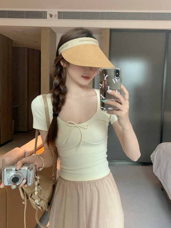 Pure desire bow U-neck T-shirt women's design sense of outer wear and inner wear slimming slim short top summer