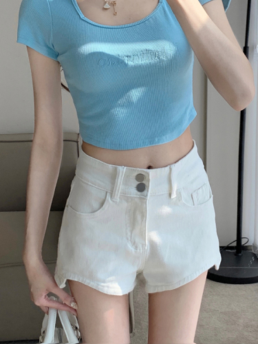 Hot girl A-line straight denim shorts women's spring small high-waisted irregular hip-covering pants for outer wear