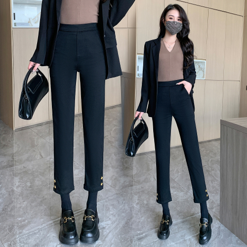 Real shot of autumn large size black cigarette pipe women's trousers for fat girls high waist slimming elastic straight elastic waist trousers