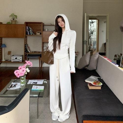 Real shot of 2024 autumn and winter new pullover hooded top casual loose wide-leg pants trousers fashion two-piece suit for women