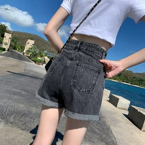 Women's New High Waist Trendy Jeans Dark Washed Lazy Spring and Autumn Versatile Straight Pants Harajuku Shorts