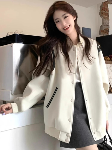 American retro white baseball uniform jacket for women spring and autumn 2024 new high-end loose jacket top