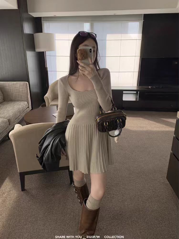 Choco Girl~ Apricot U-neck Long-sleeved Knitted Dress Women's Autumn Waist Cinch Slimming Pleated Skirt Slim Short Skirt 