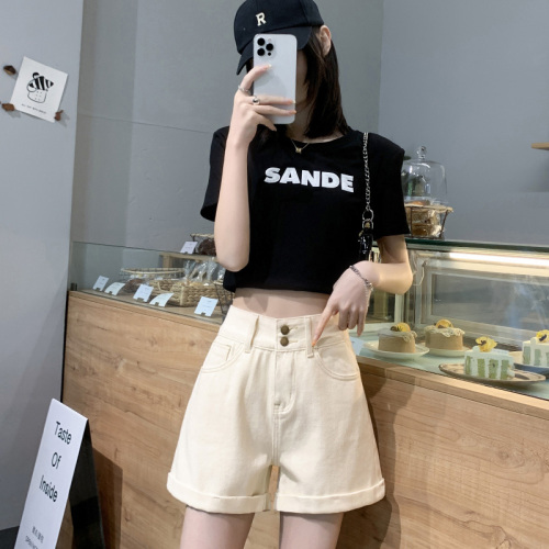 Denim shorts for women, high waist, slim, slim, chic, Hong Kong style medium pants, shorts