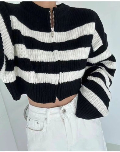 Purchasing agent in Dongdaemun, South Korea, spring and autumn new styles, color-blocked striped zipper knitted Korean style casual