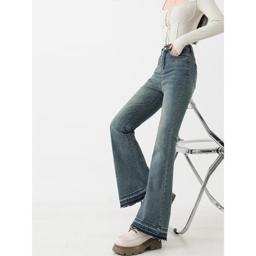 Retro Blue Micro-Relaxed Women's Summer High-Waisted Elastic Plus-Size Slimming Pear-Shaped Hoop Flare Pants