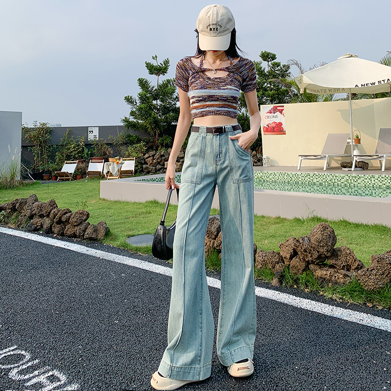 Nostalgic Blue Wide Leg Jeans Women's Autumn New Straight Leg Niche Design Pocket Pleated Loose Floor-Mopping Pants