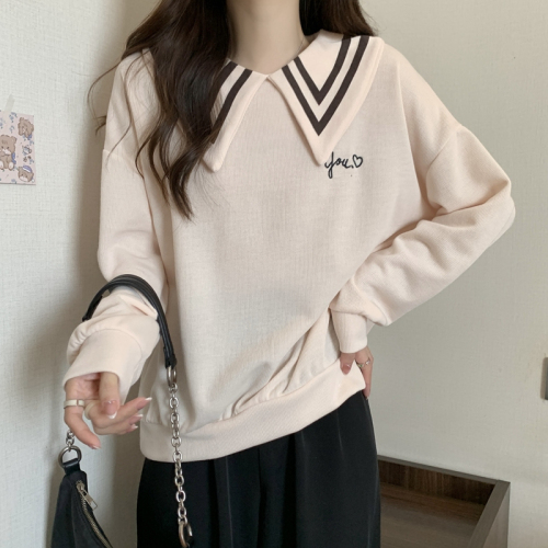 Real shot of new autumn and winter Korean style navy collar sweatshirt for women college style embroidered letter top for women